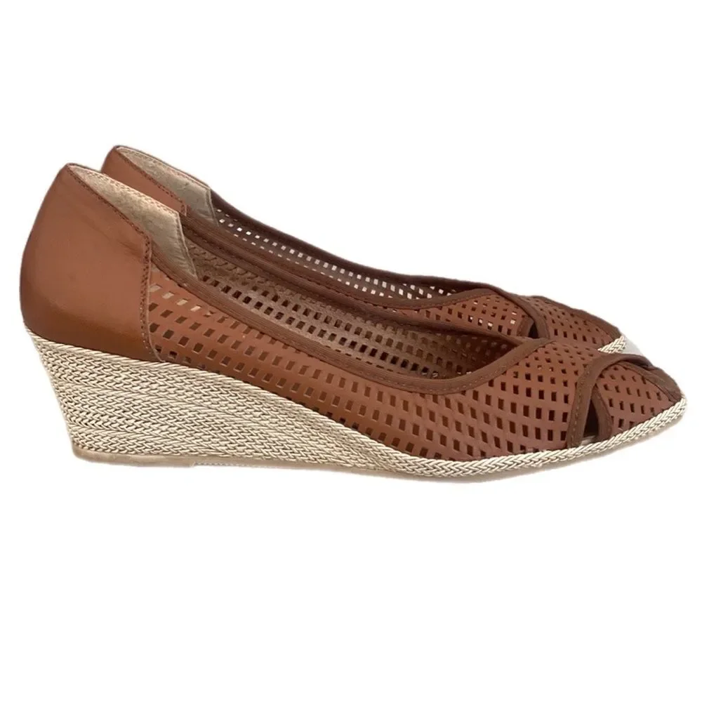 Sesto Meucci Brown Leather Woven Wedge Open-Toe Sandals Sz 9 Narrow